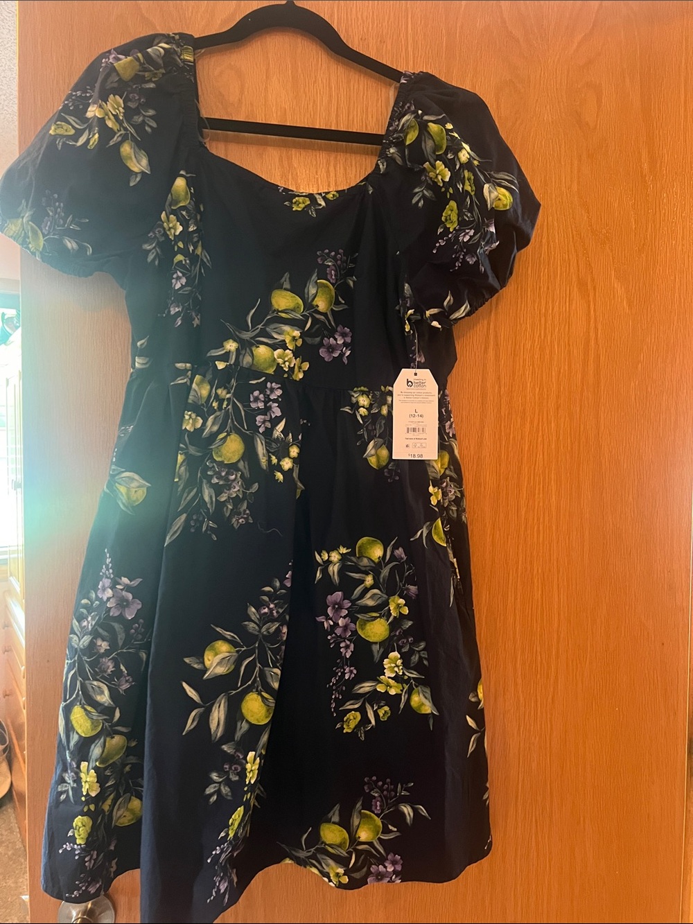 Floral Lemon Print Puff-Sleeve Dress